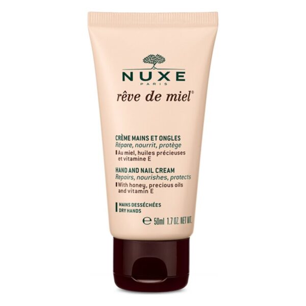 Hand- und Nagelcreme von Nuxex in einer 50ml-Tube, beige mit brauner Verschlusskappe, betont pflegende Inhaltsstoffe.