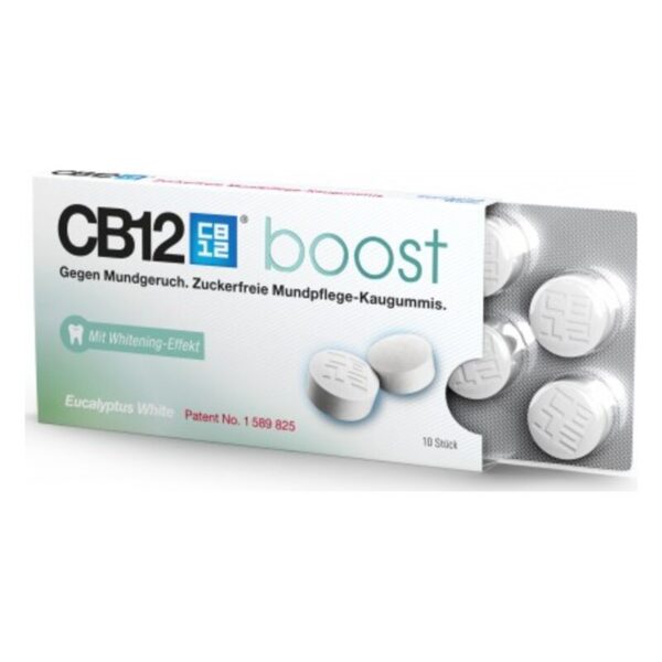 Verpackung von CB12 boost, zuckerfreien Mundpflege-Kaugummis mit Whitening-Effekt, Eucalyptus White.