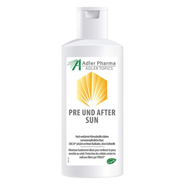 Flasche mit Sonnenpflege für empfindliche Haut, betitelt "Pre und After Sun" mit einer Muschel-Illustration.