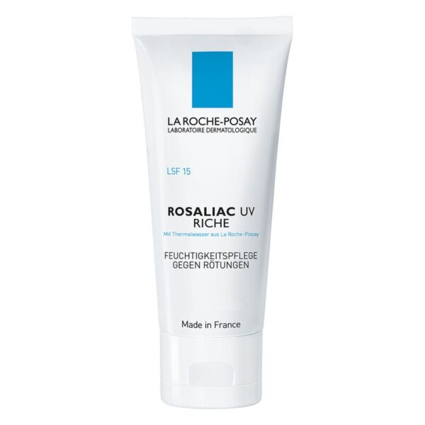 Röhrenpackung mit der Feuchtigkeitscreme Rosaliac UV Riche von La Roche-Posay, schützt gegen Rötungen und bietet LSF 15.
