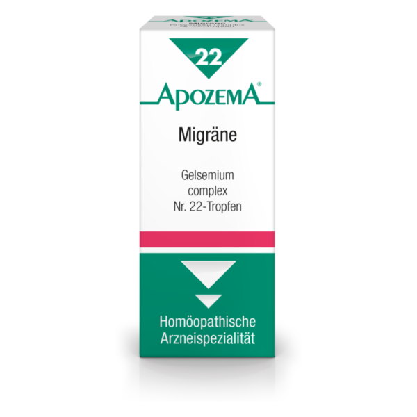Verpackung von ApoZEMA Gelsemium complex Nr. 22-Tropfen zur Linderung von Migräne, weißes Design mit grünen und pinken Akzenten.