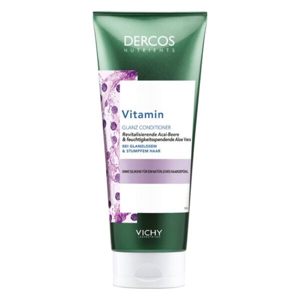 Tube eines Vitamin Glanz Conditioners von Vichy mit lila Akzent und grünem Deckel, für glanzloses Haar.