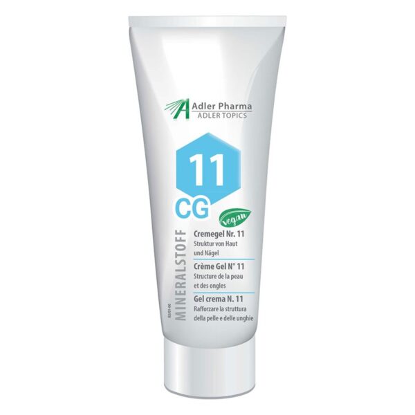 Tube mit Cremegel Nr. 11 für Haut und Nägel, vegan, mit blauem hexagonalen Logo.