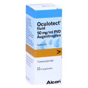Verpackung von Oculotect® fluid, 50 mg/ml PVD Augentropfen, mit Tränenersatzmittel und 10 ml Inhalt.