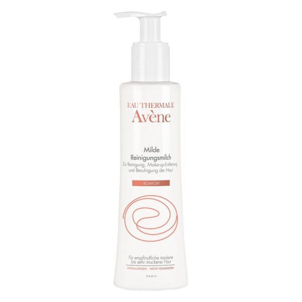 Flasche mit milder Reinigungsmilch von Avène, Pumpspender, für empfindliche, trockene Haut.