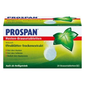 Packung mit PROSPAN Husten-Brausetabletten, enthält Efeublätter-Trockenextrakt zur Hustenlinderung.