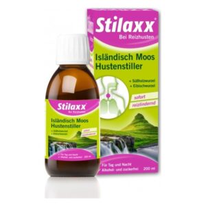 Braune Flasche mit einem Hustenstillmittel und Verpackung, die die Hauptbestandteile und Anwendung anzeigt.