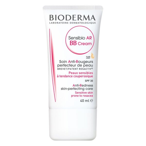 Tube mit Bioderma Sensibio AR BB Cream, 40 ml, für empfindliche Haut, mit Lichtschutzfaktor 30, zur Reduzierung von Rötungen.