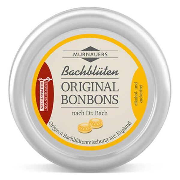 Runde Verpackung für Murnauer Bachblüten Original Bonbons, alkoholfrei und zuckerfrei, mit gelbem Etikett.