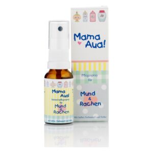 Intensivpflegespray für Mund und Rachen in einer braunen Flasche mit Sprühkopf und bunter Verpackung.