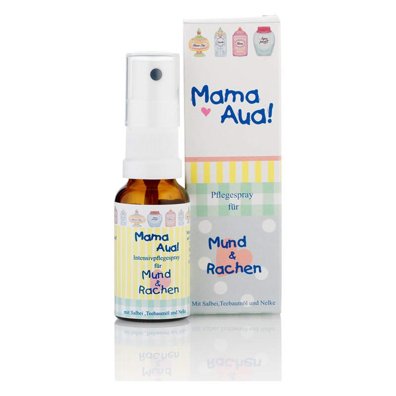 Intensivpflegespray für Mund und Rachen in einer braunen Flasche mit Sprühkopf und bunter Verpackung.