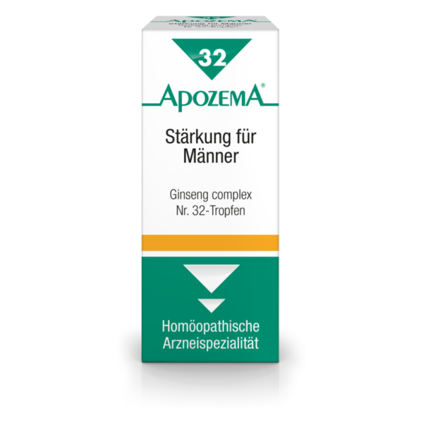 Verpackung von ApoZema Nr. 32-Tropfen für Männer mit Ginseng-Complex, in einem weißen und grünen Design.