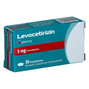 Verpackung mit Levocetirizin 5 mg Filmtabletten, 30 Stück, mit blauem und weißem Design.