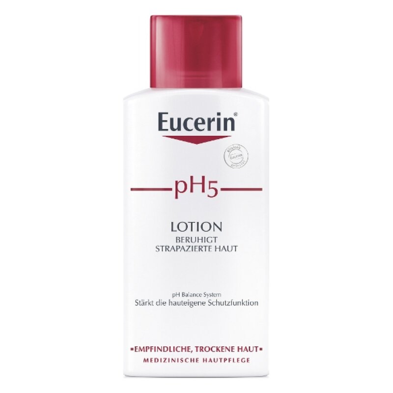 Eucerin pH5 Lotion in weißer Flasche mit rotem Deckel, beruhigt strapazierte Haut.