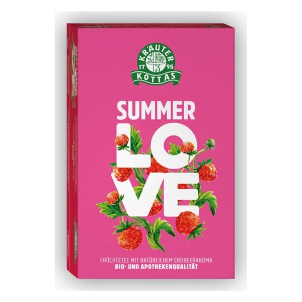 Verpackung von Sommertee mit Erdbeeraroma, leuchtend rosa mit grünen Blättern und großen weißen Buchstaben.