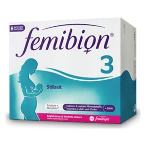 Verpackung von femibion 3 für die Stillzeit, zeigt Mutter mit Baby, hebt wichtige Inhaltsstoffe wie Folsäure hervor.