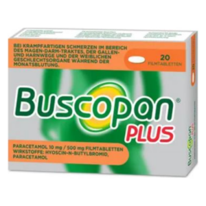 Verpackung von Buscopan Plus mit 20 Filmtabletten gegen krampfhafte Bauchschmerzen und enthaltenen Wirkstoffen.