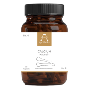 Braunes Glasgefäß mit schwarzem Deckel, enthält Calcium-Kapseln, beschriftet mit ‚bahnhof apotheke‘ und Inhaltsstoffen.