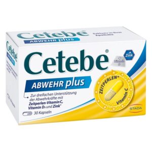 Packung von Cetebe ABWEHR plus mit Kapseln zur Unterstützung des Immunsystems, prominent mit Vitaminen und Zink.