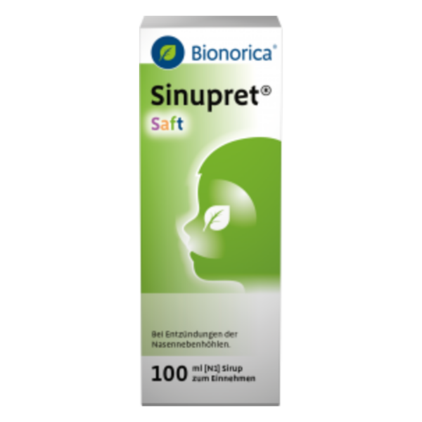 Verpackung von Sinupret Saft mit einem stilisierten Gesicht und grünem Design, was auf die Anwendung bei Nasennebenhöhlenentzündungen hinweist.