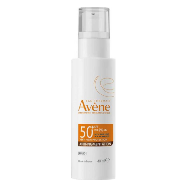 Sonnenschutzfluid von Avène mit hohem Lichtschutzfaktor 50+, in einer weißen Flasche mit Spender.