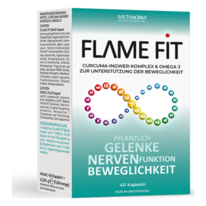 Verpackung des Nahrungsergänzungsmittels Flame Fit, unterstützt Gelenke und Nerven, enthält Kurkuma und Omega 3, im Karton mit 40 Kapseln.