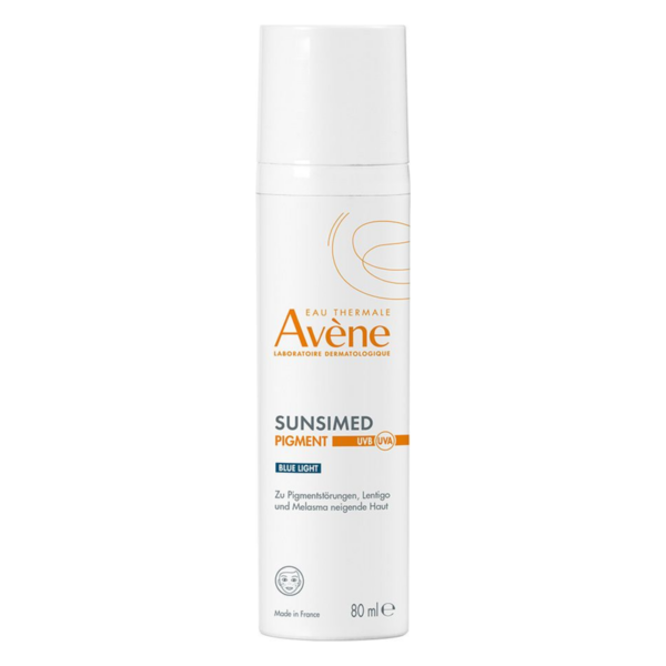 Sonnenschutzmittel in einer weißen Flasche mit Pumpe, enthält 80 ml, zur Behandlung von Hautpigmentierungen.