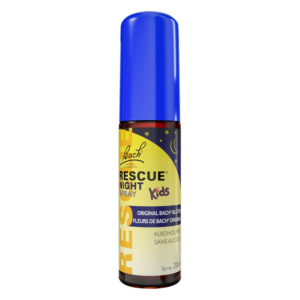 Alkoholfreies Rescue Night Spray für Kinder in einer 20ml Sprühflasche mit blauem Deckel und nächtlichem Design.