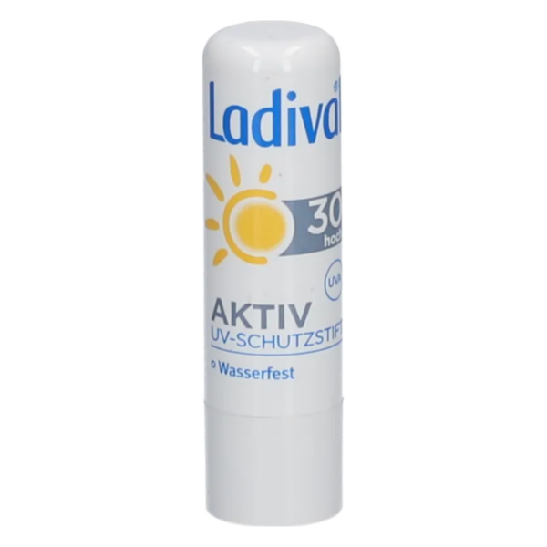 Ladiva UV-Schutzstick mit Lichtschutzfaktor 30, wasserfest, in einer weißen Verpackung mit gelben und blauen Schriftzügen.