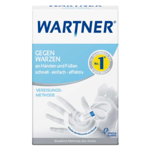 Verpackung des Produkts Wartner zur Behandlung von Warzen, mit Anwendungshinweisen und grafischen Elementen.