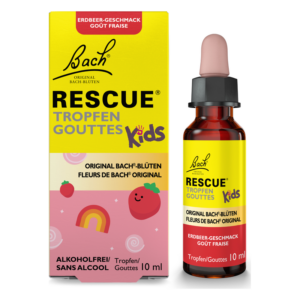 Flasche mit Bach Rescue Tropfen für Kinder, Erdbeergeschmack, 10 ml, in buntem Kartonverpackung mit Illustrationen.