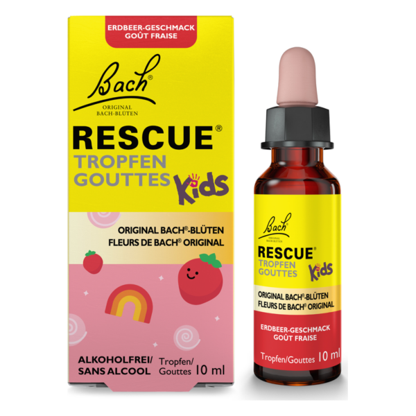 Flasche mit Bach Rescue Tropfen für Kinder, Erdbeergeschmack, 10 ml, in buntem Kartonverpackung mit Illustrationen.