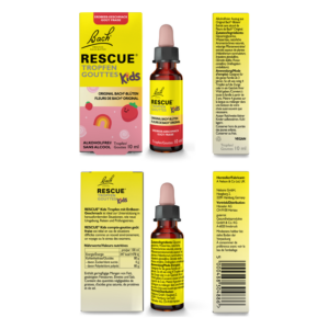 Bach Rescue Kids Tropfen in einer 10 ml Flasche mit Erdbeergeschmack und alkoholfreier Formel, Verpackung in buntem Design.