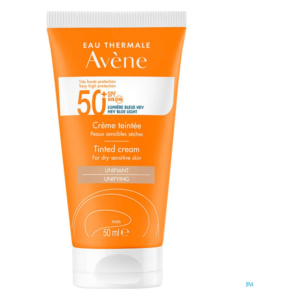 Orange Tube mit getönter Creme für trockene, empfindliche Haut und hohem Sonnenschutzfaktor 50.