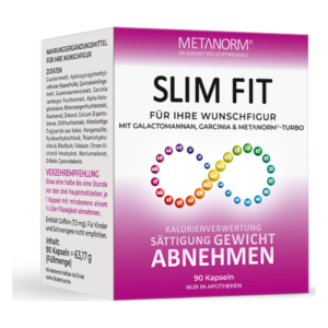 Schachtel mit 90 Kapseln von Metanorm Slim Fit zur Gewichtsreduktion, beschriftet mit Zutaten und Anwendungshinweisen.