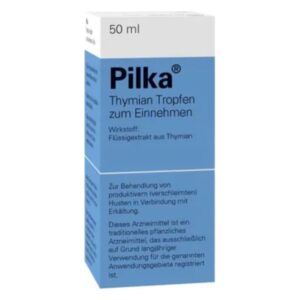 Pilka Thymian Tropfen in einer blauen Verpackung für die Behandlung von Husten mit Thymian-Extrakt.
