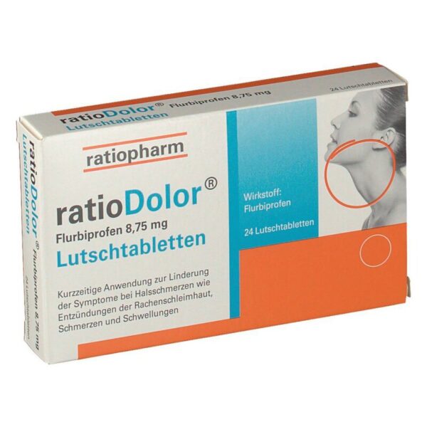 Verpackung von ratioDolor Lutschtabletten mit Flurbiprofen zur Linderung von Halsschmerzen, orange und blau gestaltet.