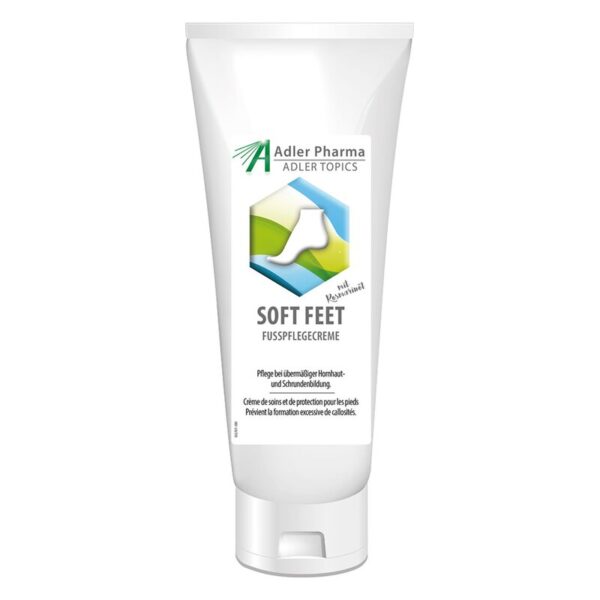 Tube mit Fußpflegecreme "Soft Feet" von Adler Pharma, enthält Resynthese, für die Pflege bei Hornhautbildung.
