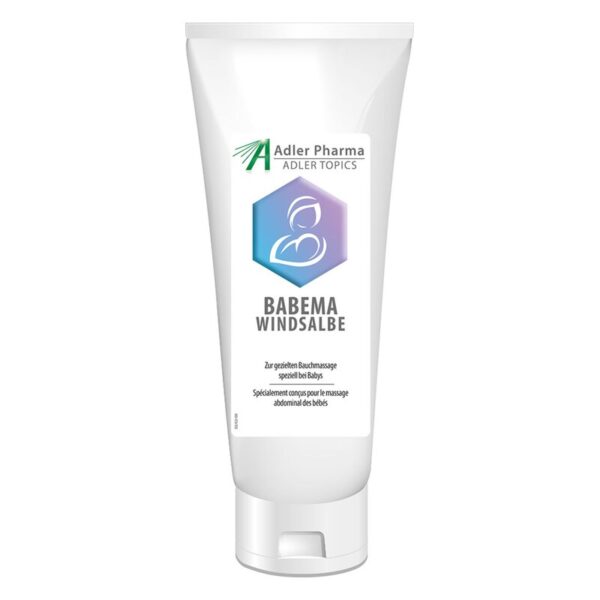 Tube mit BABEMA Winde salbe zur Bauchmassage für Babys, mit kleinem Icon eines Babys und Beschreibung auf der Verpackung.