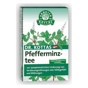 Verpackung von Dr. Kottas Pfefferminztee mit grünen Blättern und Beschreibung zur Linderung von Verdauungsstörungen.