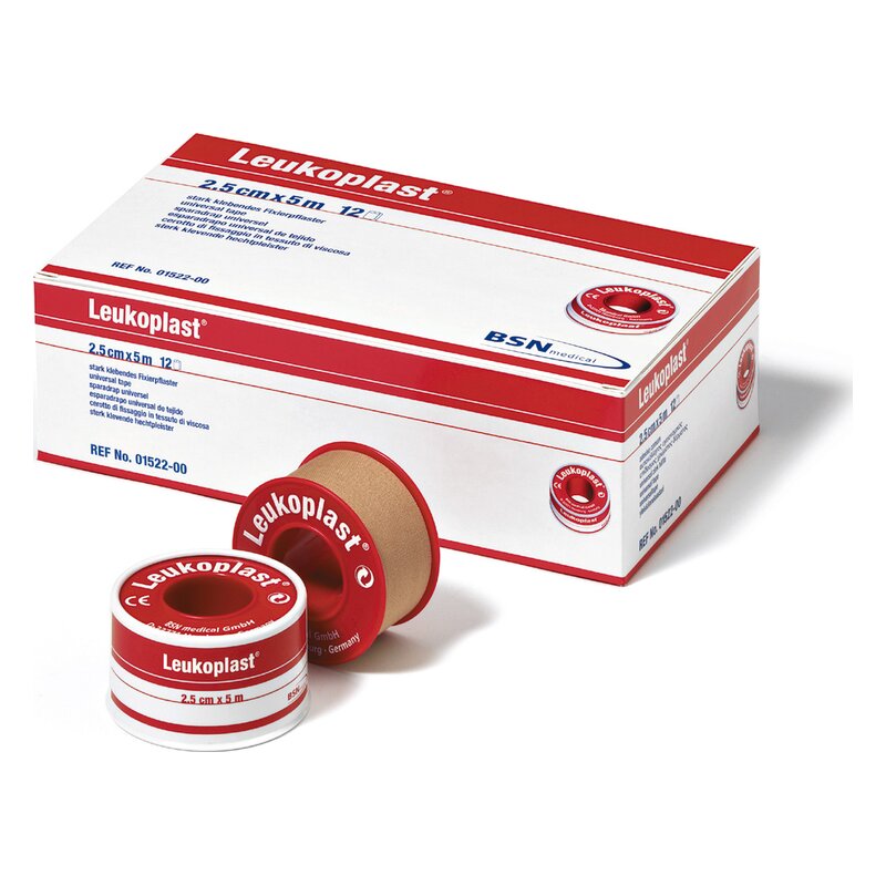 Verpackung und Rolle des Leukoplastes in roter und weißer Gestaltung, mit wichtigen Produktinformationen auf der Box.