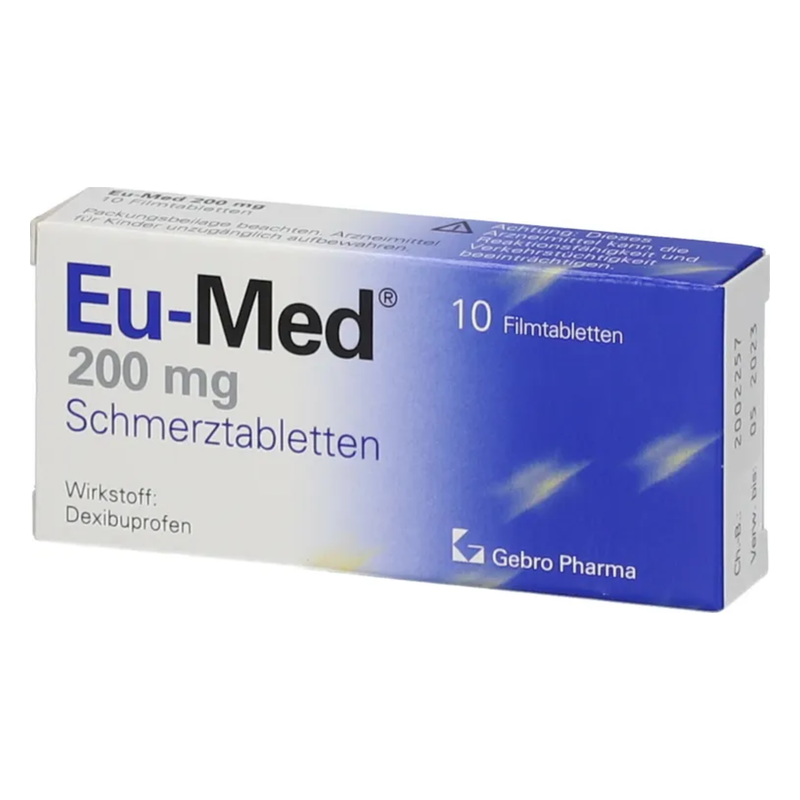Packung Eu-Med Schmerztabletten 200 mg mit 10 Filmtabletten, Wirkstoff: Dexibuprofen, blau-weiße Gestaltung.
