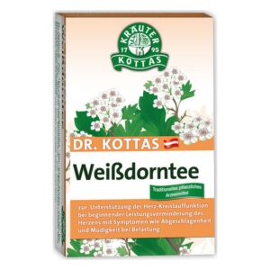Verpackung von Dr. Kottas Weißdorntee, mit Pflanzenillustrationen und Anwendungshinweisen zur Herz-Kreislaufunterstützung.