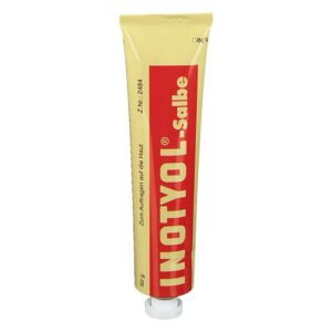 Tube mit INOTYOL-Salbe, gelbe Verpackung mit roter Schrift, zum Auftragen auf die Haut.