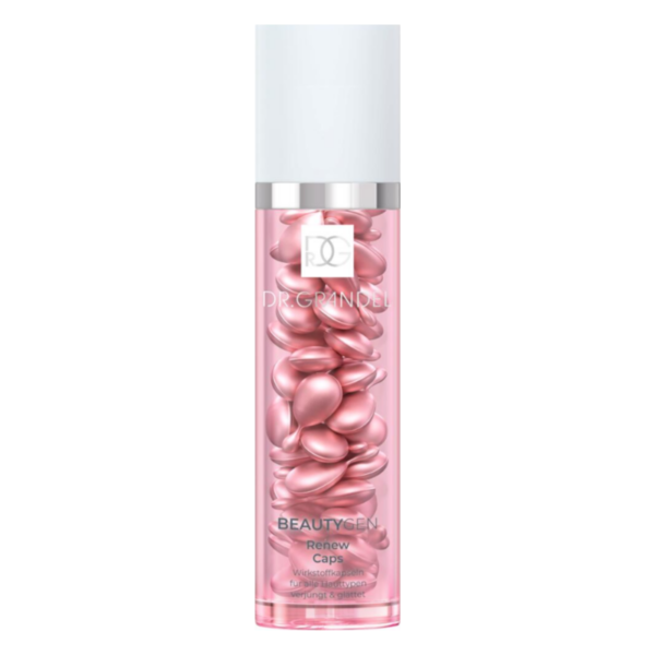 Transparente Flasche mit pinkfarbenen Kapseln, die für Hautpflegeprodukte genutzt werden.