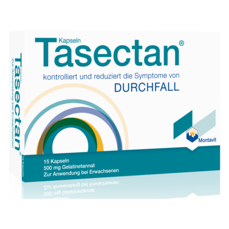 Tasectan Kapseln zur Kontrolle von Durchfall, 15 Kapseln in einer bunten Verpackung von Montavit.