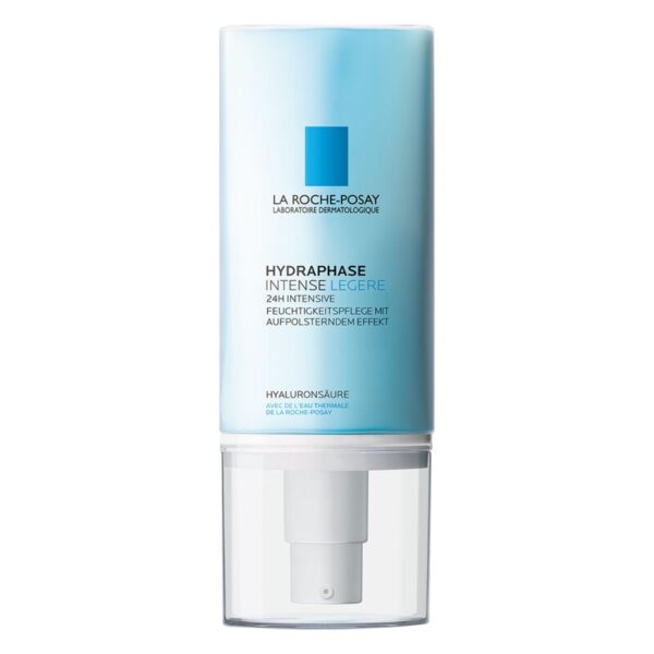 Flasche mit Pumpverschluss von La Roche-Posay, enthält feuchtigkeitsspendende Creme, Schriftzug HYDRAPHASE INTENSE LEGERE.