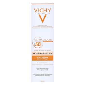 Verpackung von Vichy Sonnenpflege mit LSF 50, gerichtet auf Anti-Pigmentflecken, in einem 50 ml Flakon.