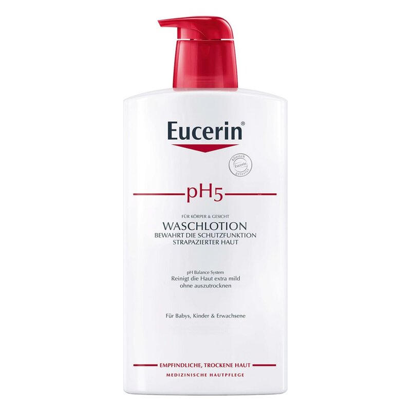 Weißer Pumpflaschenbehälter mit rotem Deckel, enthält Eucerin pH5 Wasch lotion für empfindliche Haut.