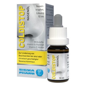 Verpackung von Coldistop Nasenöl in einer 10 ml Flasche mit Dosierpipette und Kartonage zur Anwendung bei Nasenschleimhautproblemen.